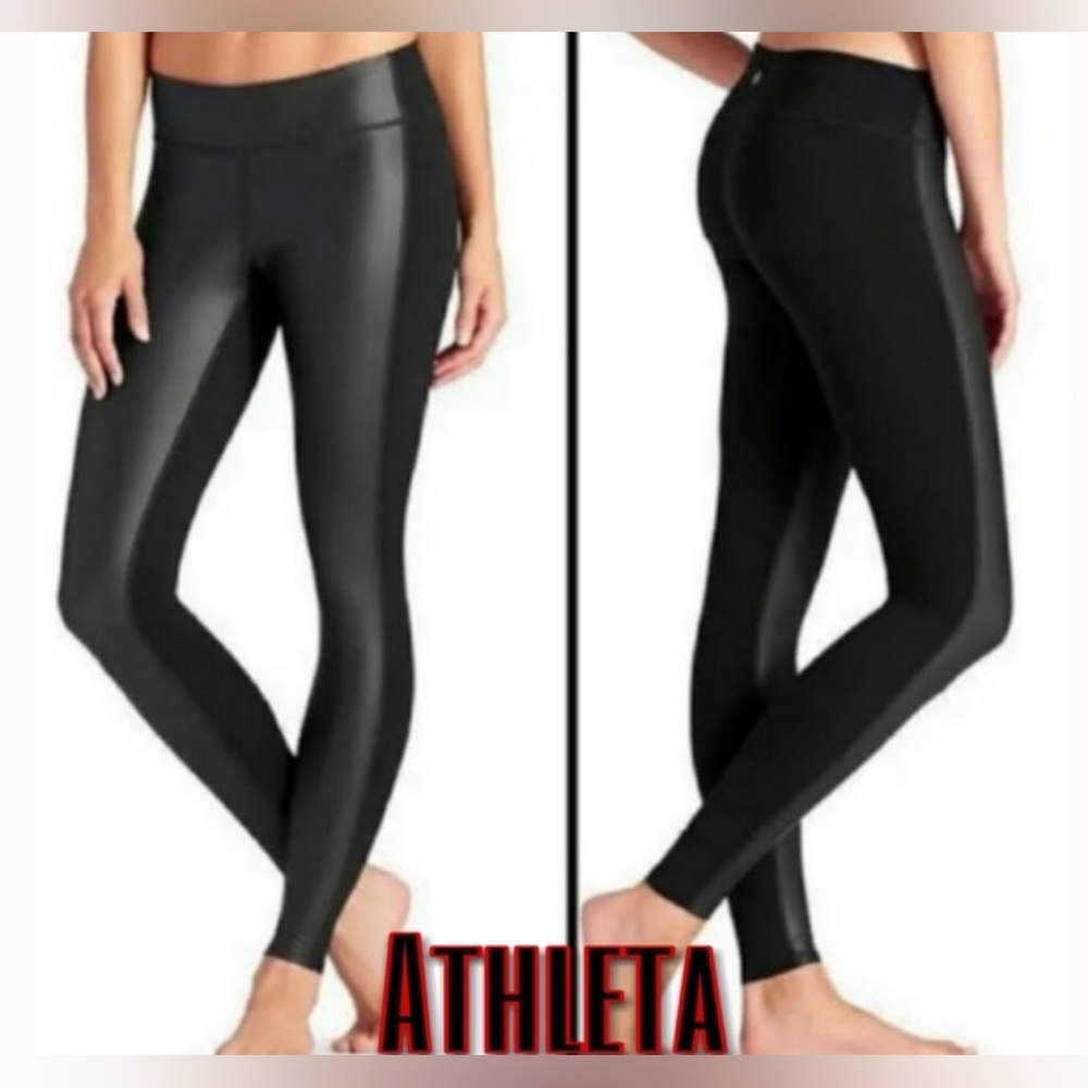 Athleta Mix Media Gleam High Waisted Black Faux Leather Front Panel Leggings